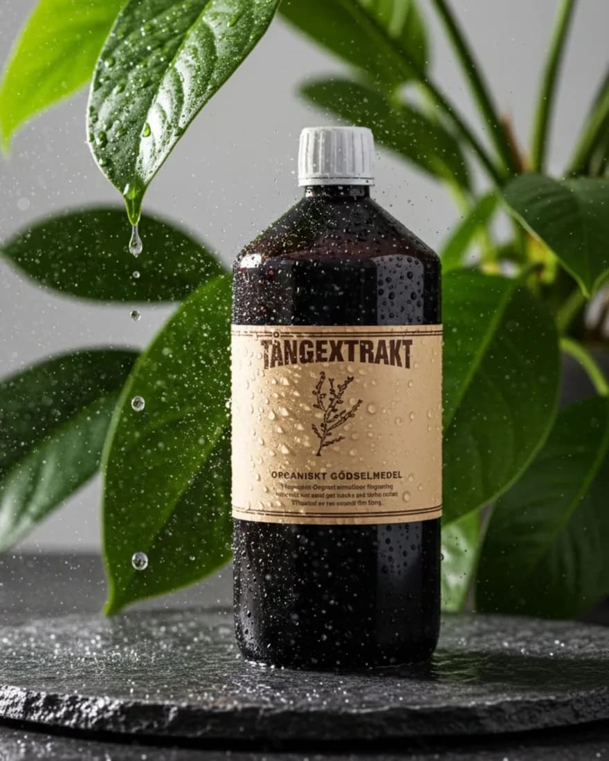 Produktbild på Villafraxinus Tångextrakt — ekologiskt gödselmedel i mörk flaska med vattendroppar mot grönska.