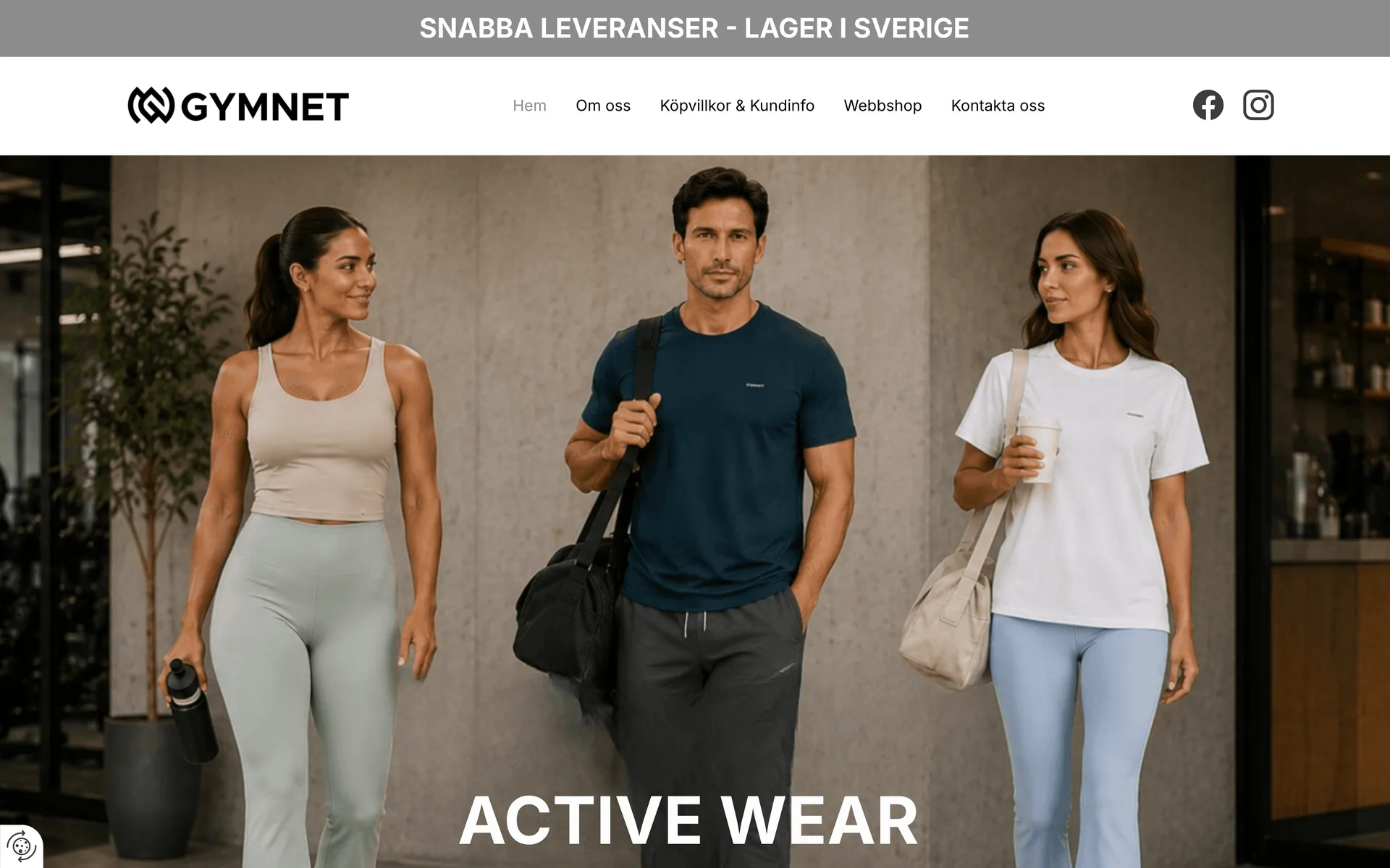 Startsidan för Gymnet med rubriken Active Wear och tre personer i Gymnets träningskläder i en urban miljö.
