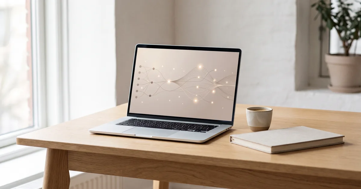 Laptop på ett ljust skrivbord som visar ett automationsflöde, en bild för att automatisera marknadsföring med AI