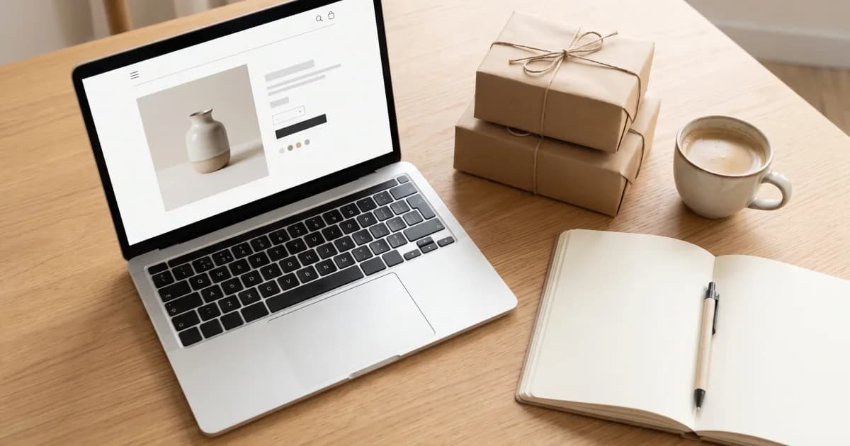 Arbetsplats med en laptop som visar en nätbutik, en bild för valet mellan Shopify eller egen hemsida