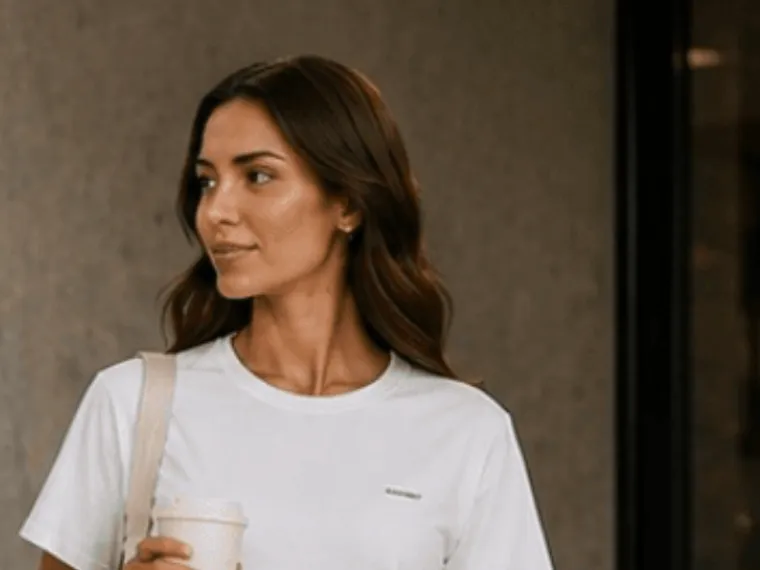 Kvinna i vit Gymnet-t-shirt med en kaffemugg i handen.