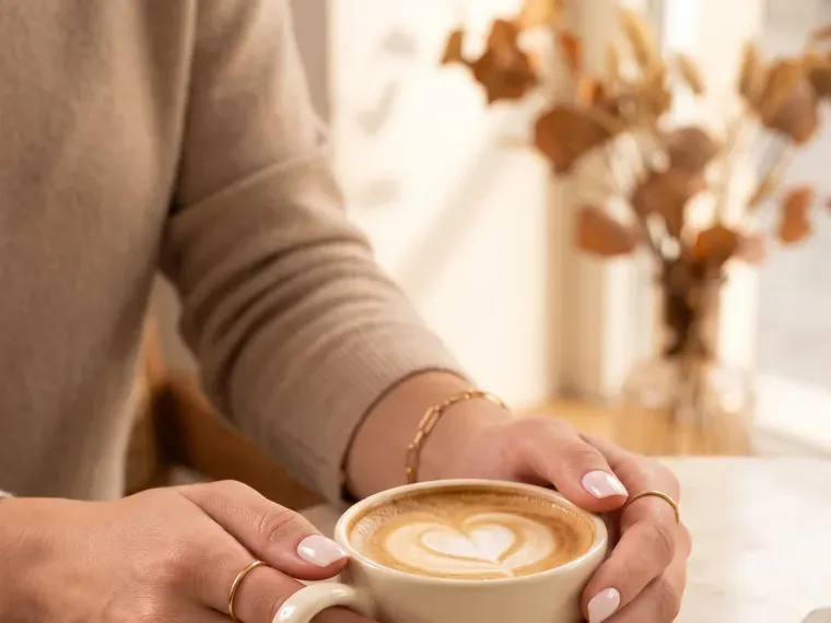 XNails press-on naglar i nude medan en hand kupar en cappuccino med latte art.