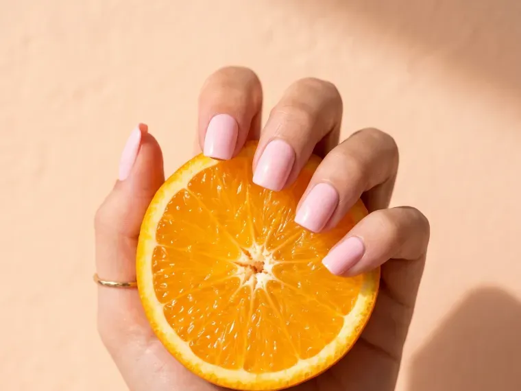 Rosa XNails press-on naglar som håller en apelsinskiva.