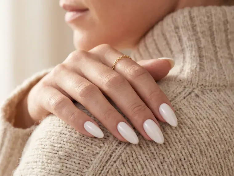 Vita almond-formade XNails press-on naglar mot en beige stickad tröja.