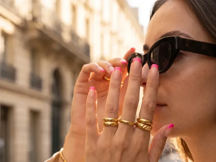 Hand med XNails nail art som justerar ett par solglasögon på en parisisk gata.